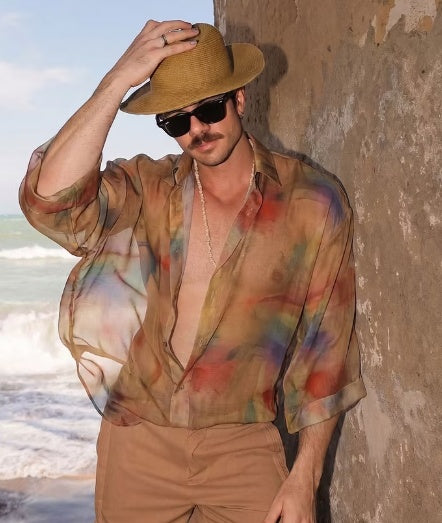 Earth Tone Abstract Wash Sheer Oversized Shirt