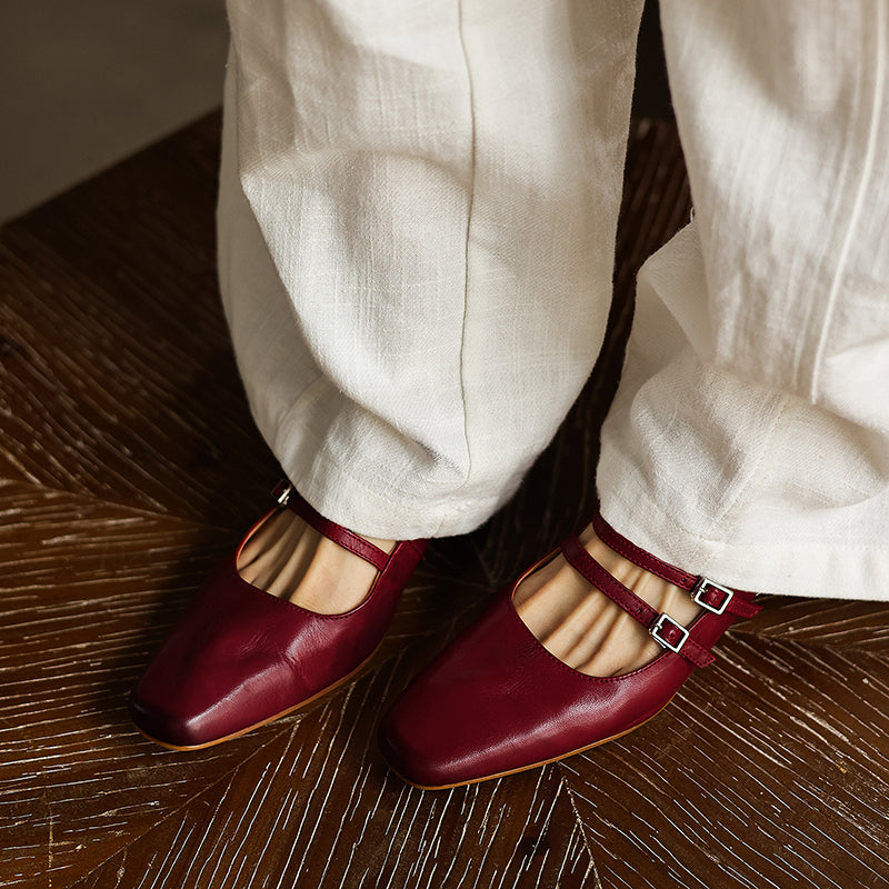 Women's Handmade Washed Full-Grain Leather Slingback Mary Jane Sandals, Vintage Square Toe Double Strap Buckle Low Wedge Heel Shoes