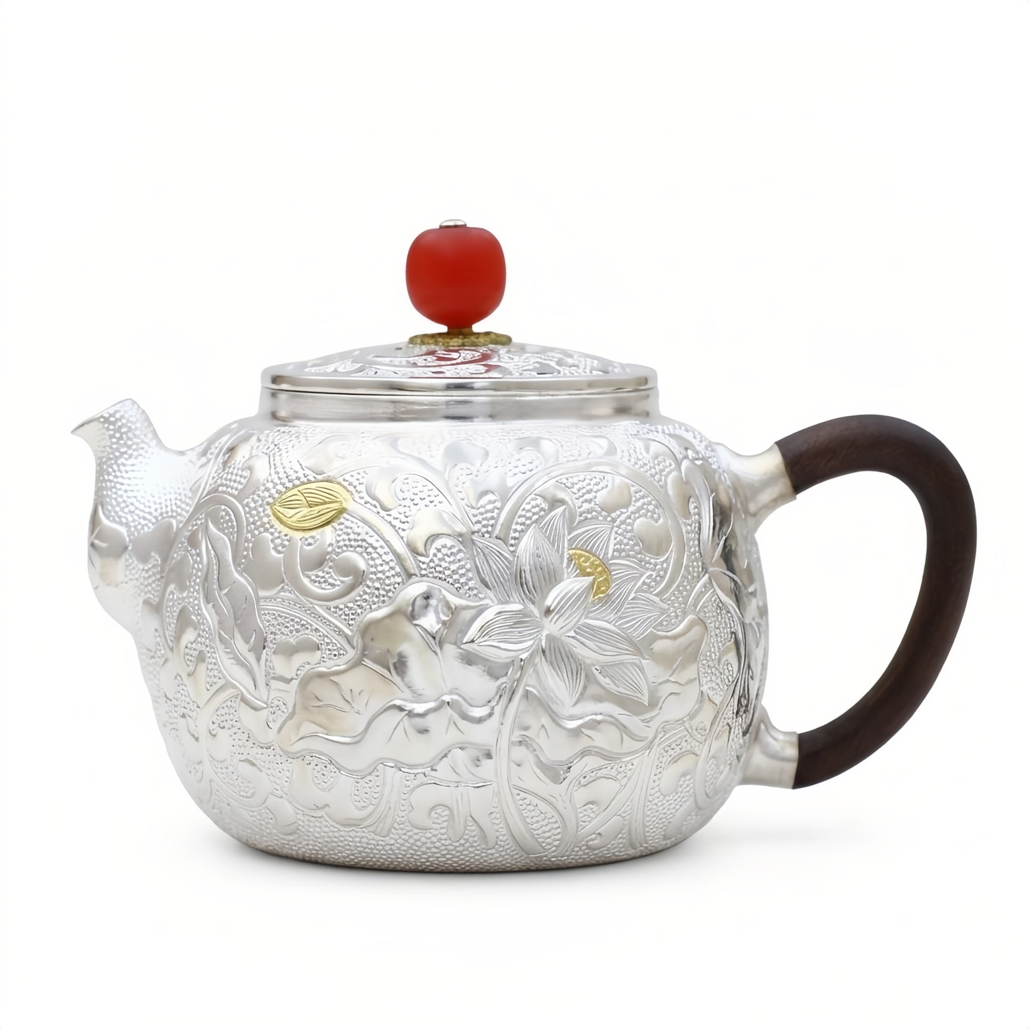 Pure 999 Fine Silver Handcrafted Silver Teapot Featuring Intricate Lotus Engravings and a Crimson Finial - Handicraft