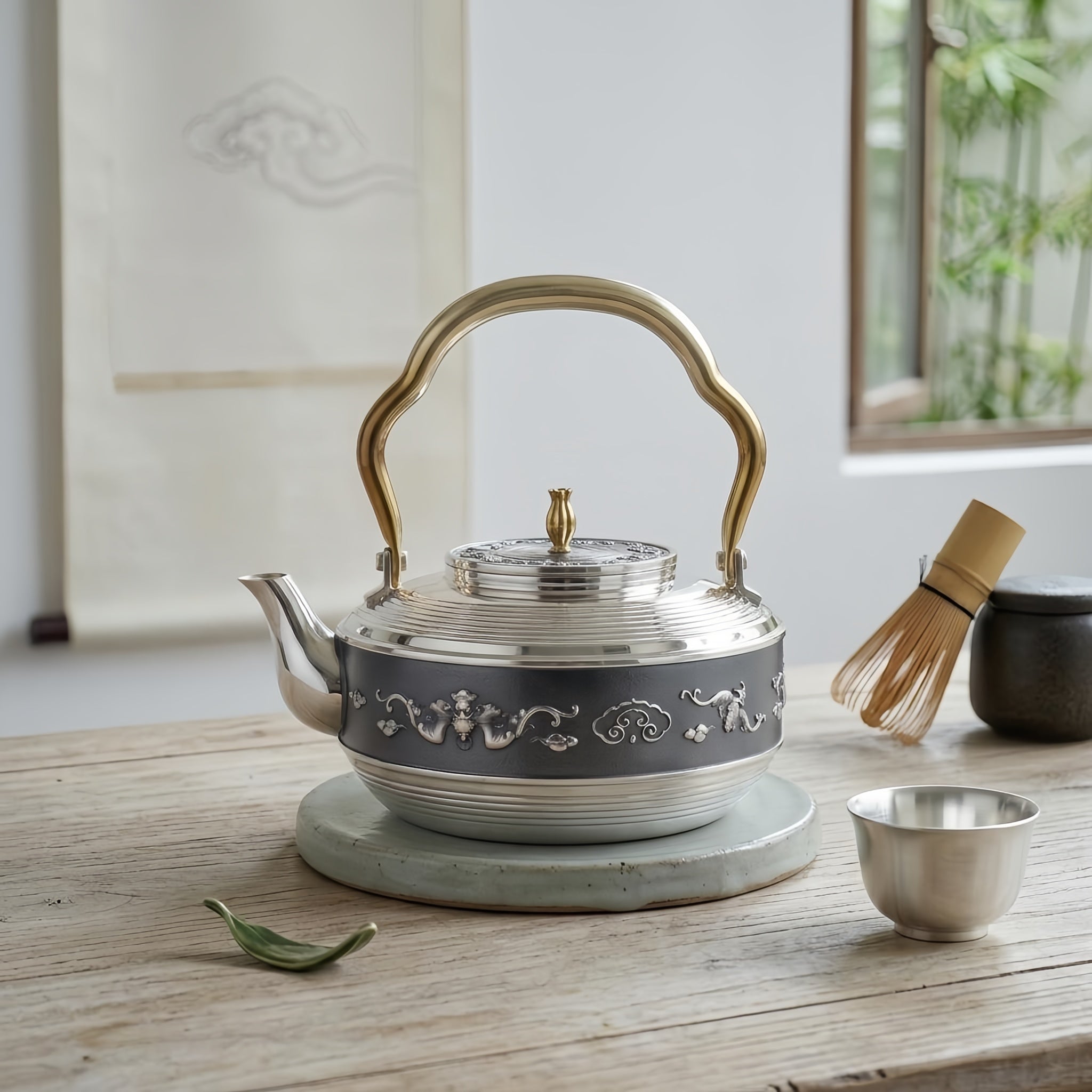 Pure 999 Fine Silver Elegant Handcrafted Silver Teapot with Detailed Artistic Relief and Metallic Handle - Handicraft