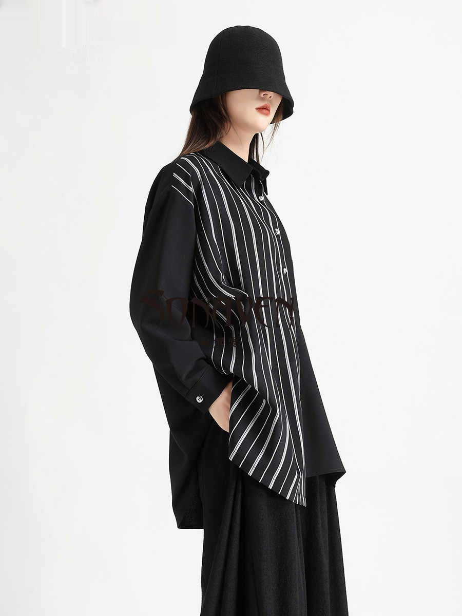 Irregular Striped Patchwork Mid-length Shirt
