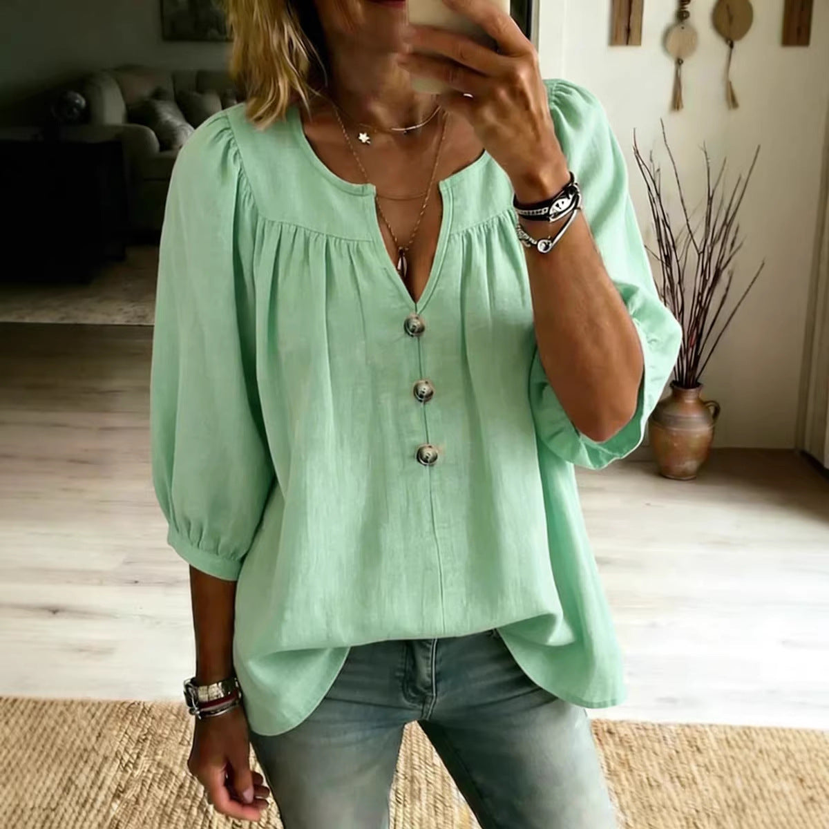 Three-quarter-sleeve Buttoned Casual Loose-fit T-shirt
