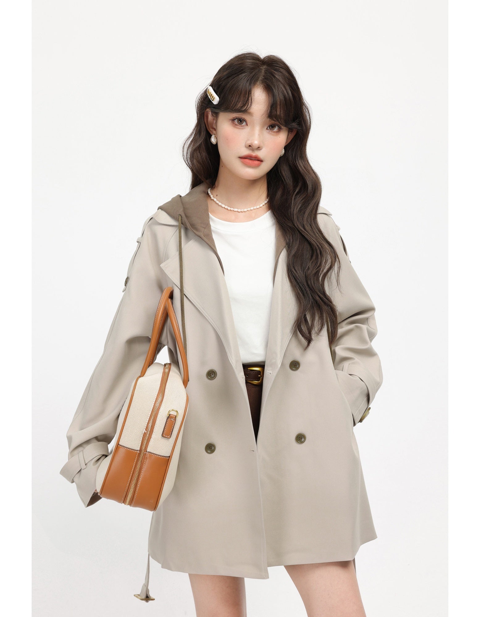 French Hepburn-style Faux Two-piece Hooded Trench Coat