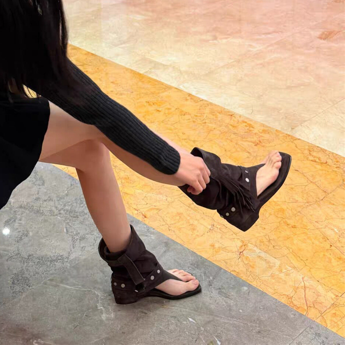 Tassel Retro Square-Toe Roman Sandals Women