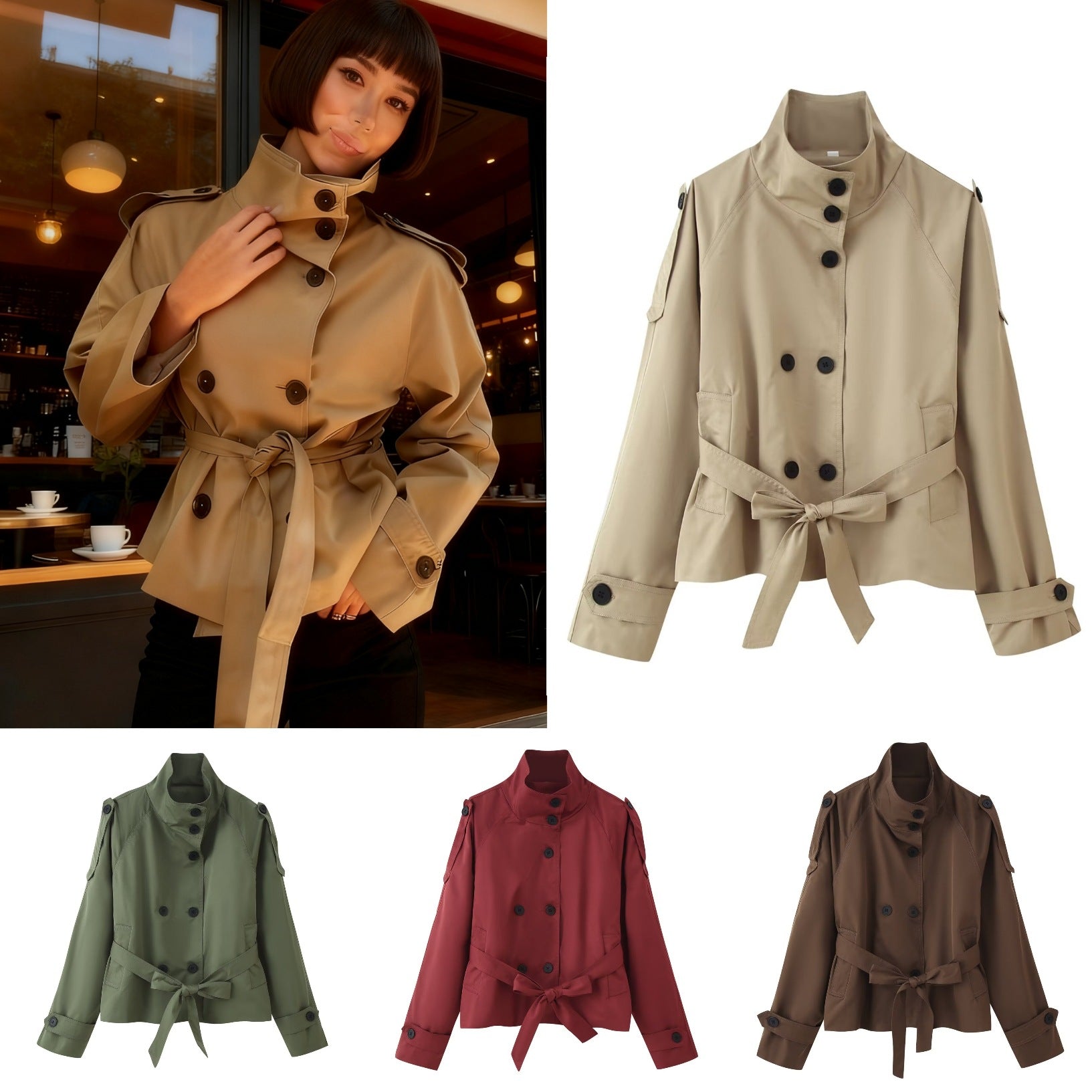 Stand-up Collar Double-breasted Belted Short Trench Coat