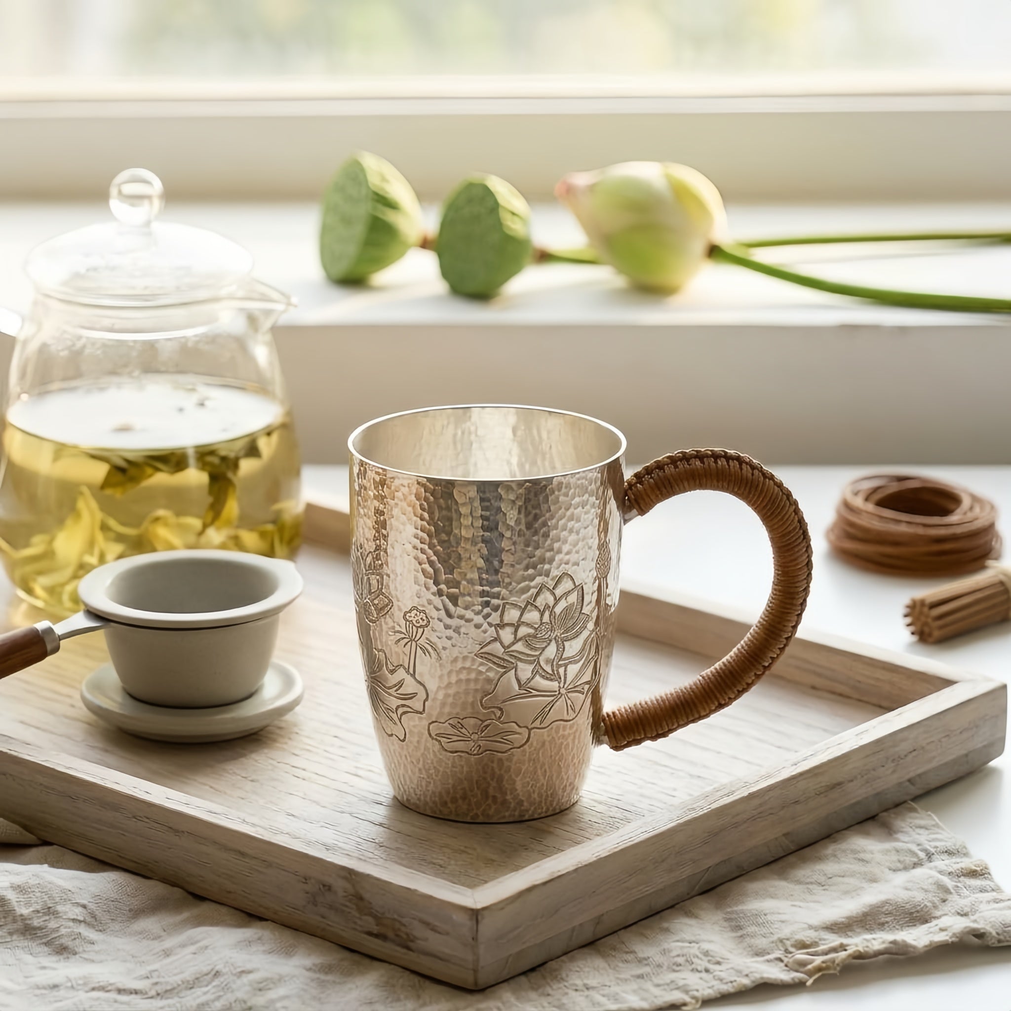 Pure 999 Fine Silver Hammered Silver Mug with Hand-Engraved Lotus Designs and Woven Handle - Handicraft