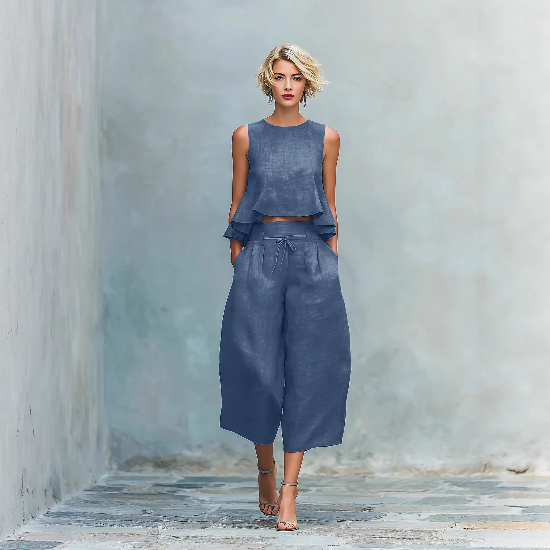 Ruffled Suits Summer Round Neck Sleeveless Top And Loose Wide-leg Pants Casual Fashion Straight Trouser Set