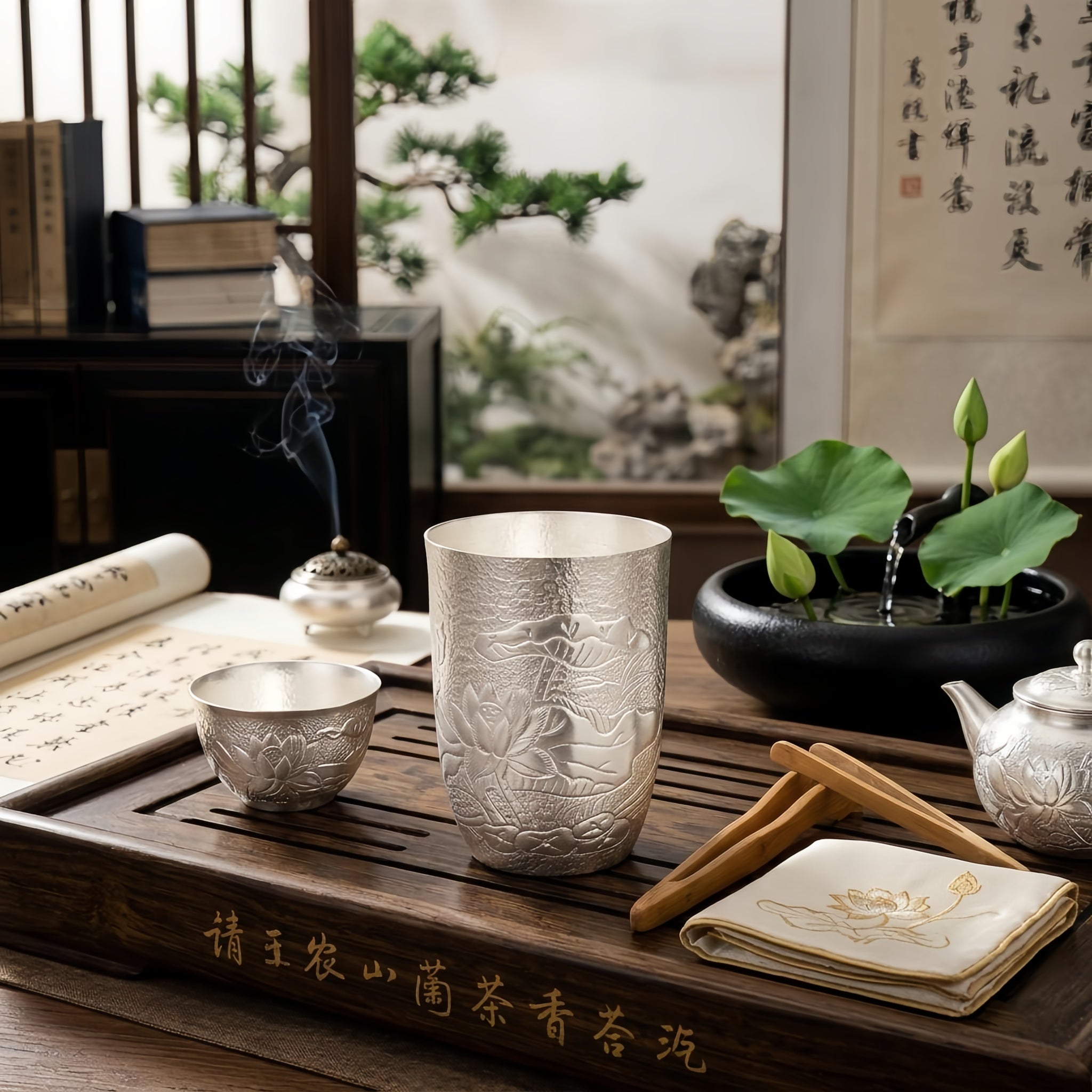 Pure 999 Fine Silver Exquisite Hand-Hammered Silver Tumbler with Intricate Lotus Relief Carvings - Handicraft