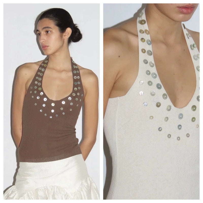 Decorative Threaded Knit Halterneck Vest Top