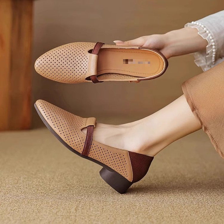 French-style Color-Block Elegant Soft Leather Low-Heel Womens Pumps