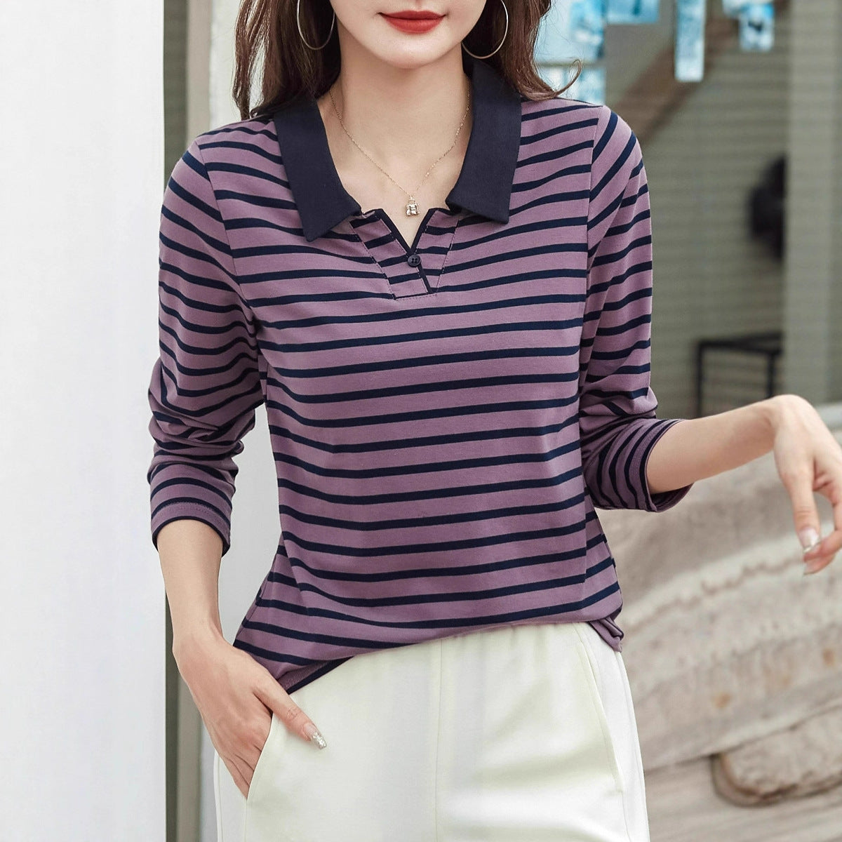Striped Polo Shirt Plus-size Womens Fall Long-sleeve