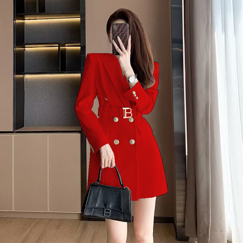 Elegant Waist-Cinched Blazer Dress With Double-Breasted Buttons