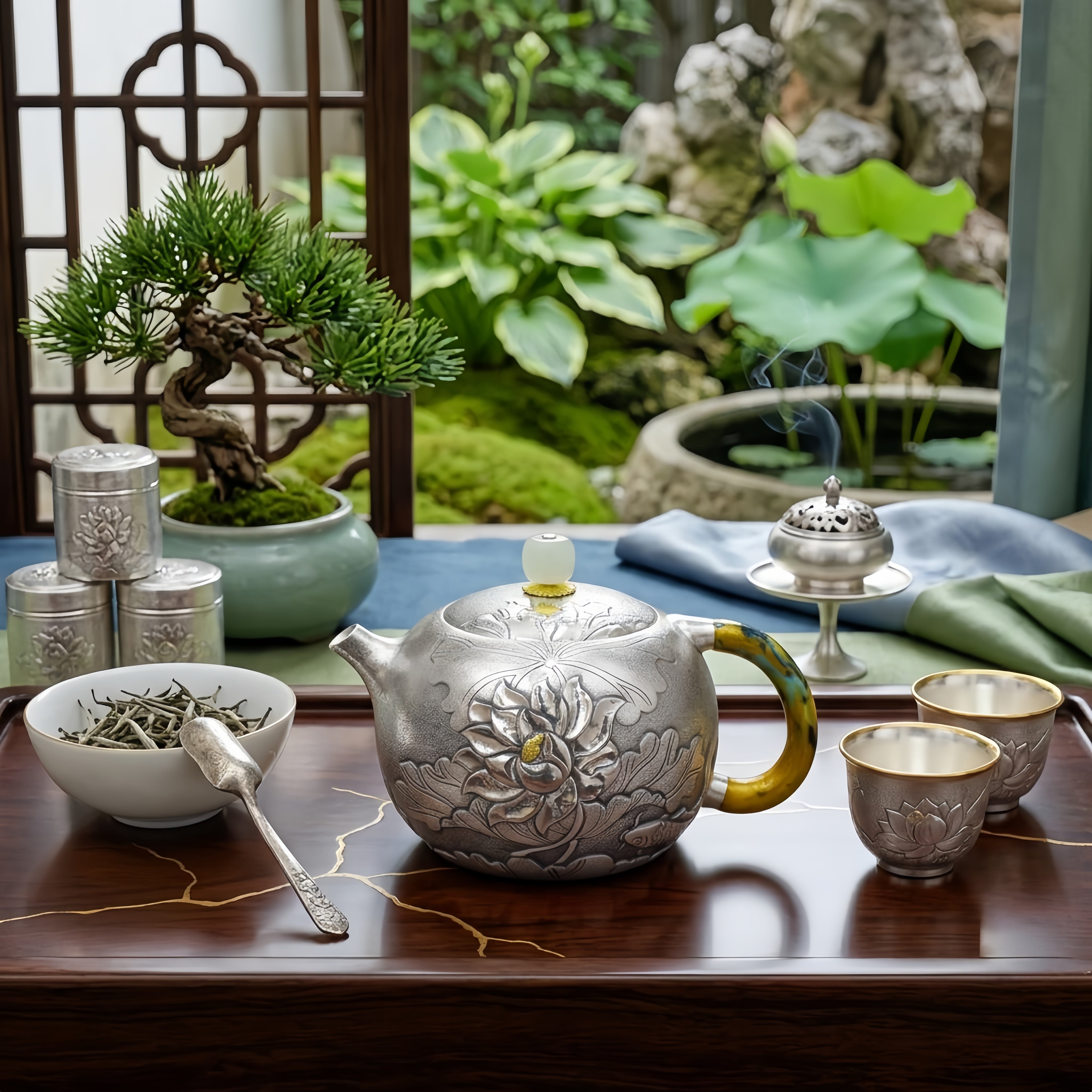 Pure 999 Fine Silver Handcrafted Silver Lotus Teapot with Intricate Relief Carvings and Jade Finial - Handicraft
