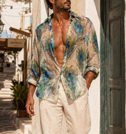 Peacock Feather Print Sheer Oversized Shirt