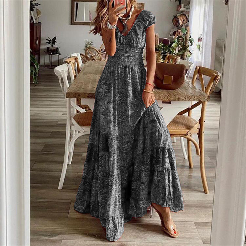 Summer Floral Print A-Line Dress Women's Waist-Cinching Mid-Length Dresses