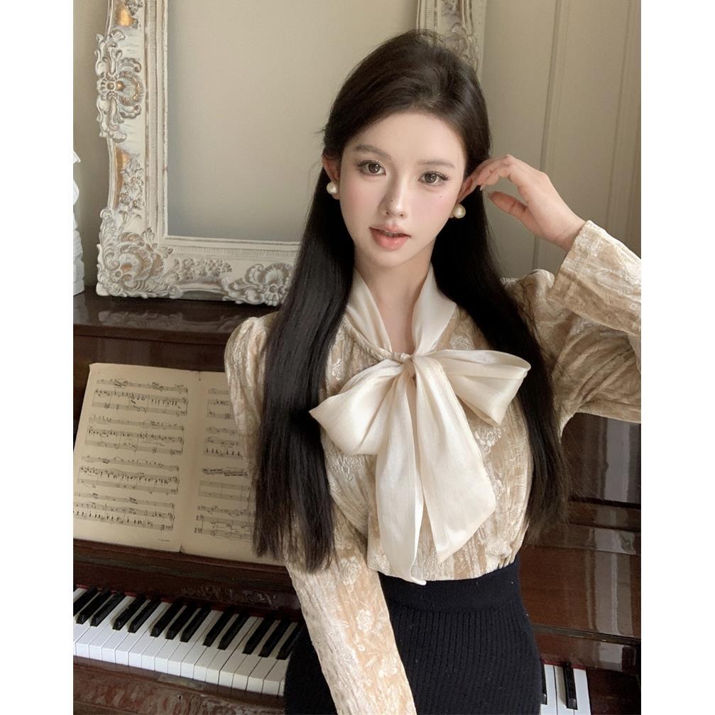 French-style Bow-Tie Lace-Up Velvet Shirt For Women