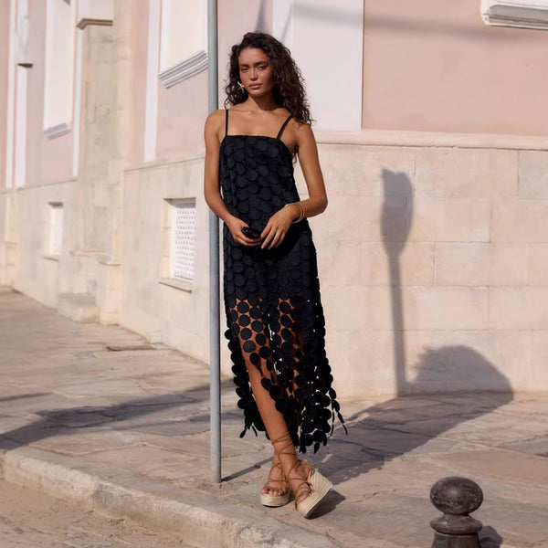 Fashion Hollow-Out Polka Dot Midi Slip Dress - Lightweight Sleeveless Linen-Blend Summer Dress For Women