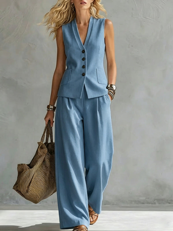 Two-piece V-Neck Sleeveless Vest And Wide Leg Pants For Women Summer Solid-Colored Sleeveless Casual Linen Tank Top And Pants Set