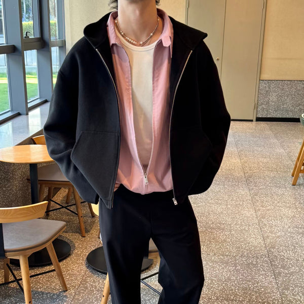 Loose-fit Casual Minimalist Wool-blend Zip-up Hooded Jacket