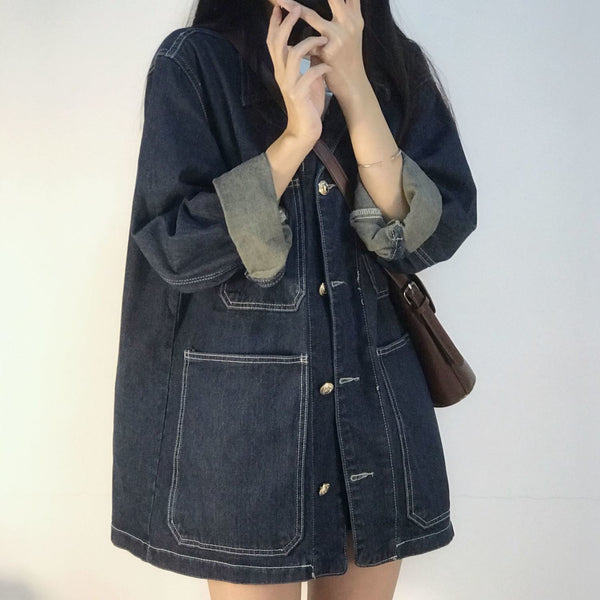Loose-fit Retro Denim Jacket With Large Pockets For Women