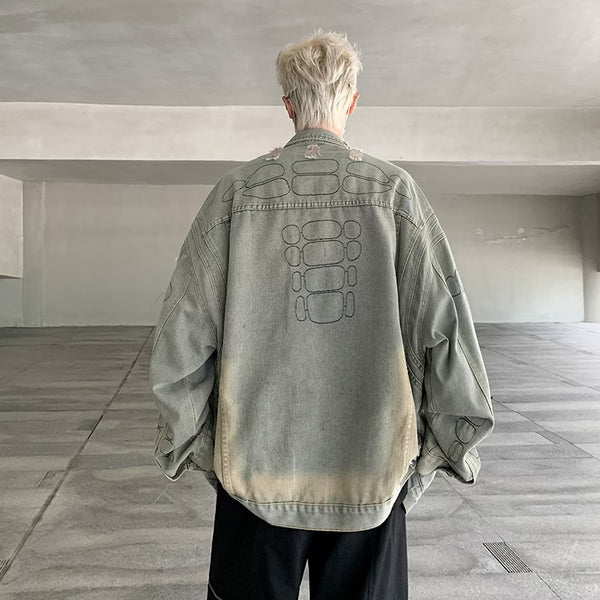 Springautumn Designer-style American Retro Workwear Distressed Ripped Denim Jacket