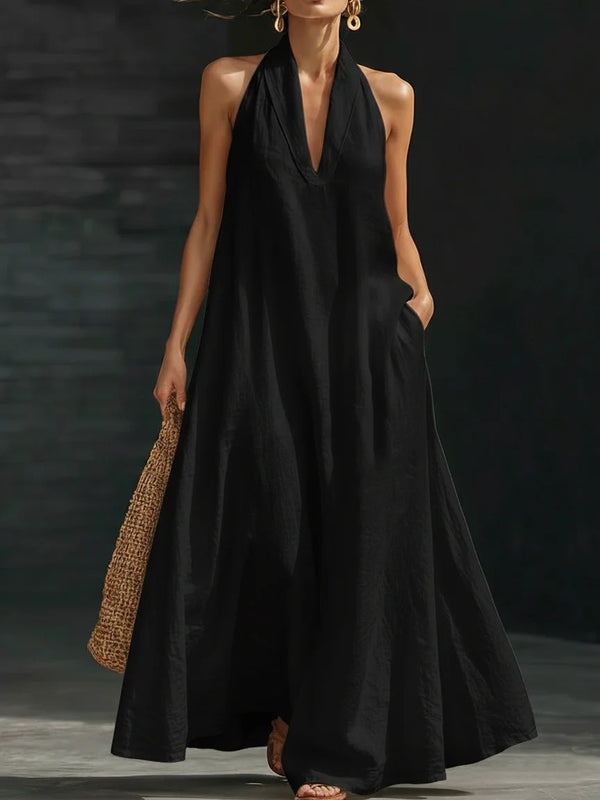 Casual V-neck Dress Halter Style Long Dress For Women's Casual Solid Color  A-line Dress For Daily Wear