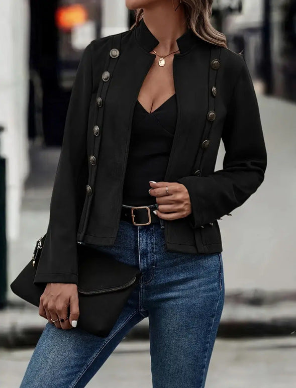 Double-row Metal Buckle Deerskin Velvet Retro Long-sleeved Coat