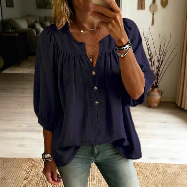 Three-quarter-sleeve Buttoned Casual Loose-fit T-shirt