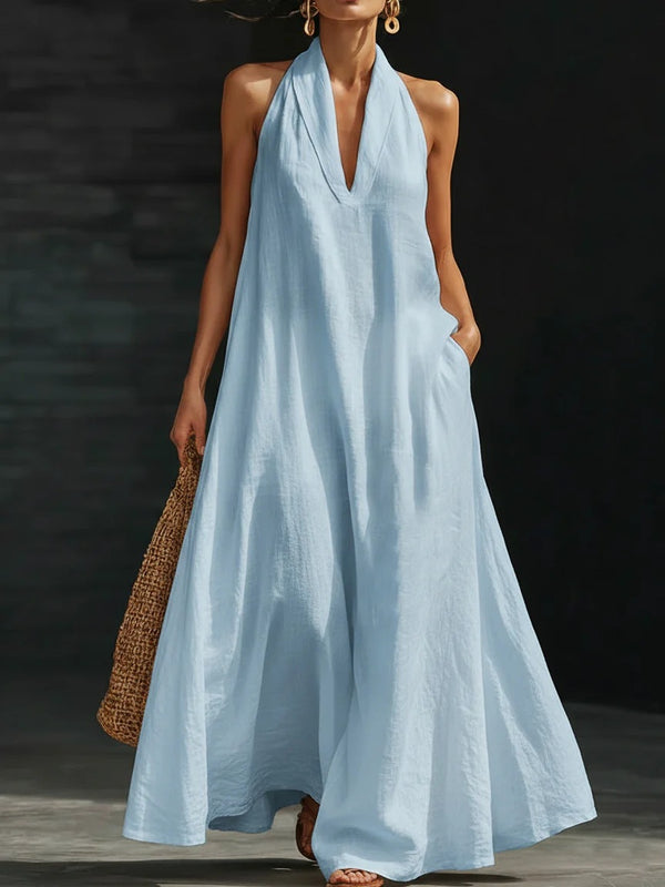 Casual V-neck Dress Halter Style Long Dress For Women's Casual Solid Color  A-line Dress For Daily Wear