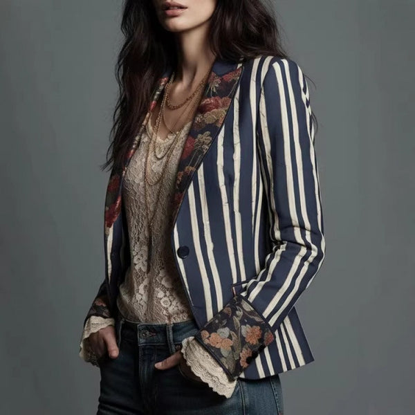 Women's Bohemian Color-Block Striped Blazer