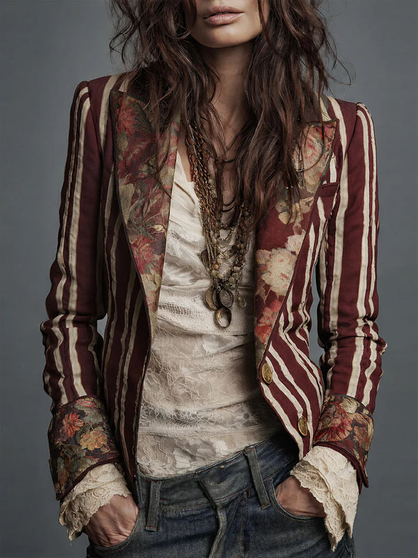 Women's Bohemian Color-Block Striped Blazer