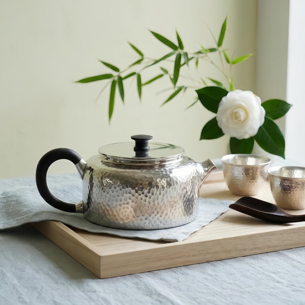 Pure 999 Fine Silver Stainless Steel Teapot with Hammered Texture and Black Accents: Modern Elegance for Tea Enthusiasts-exquisite handmade teapot - Handicraft