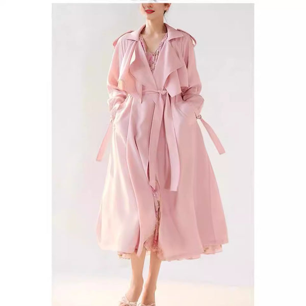 Long Waist-cinching Sheer Flowing Trench Coat