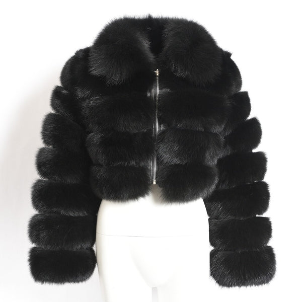 Women's Fur Coat Fox Fur Stitching Short Lapel Long Sleeve Coat