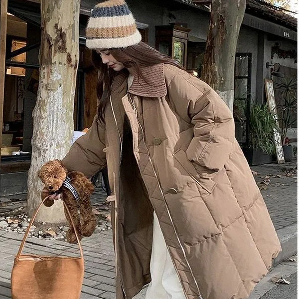 Womens Fashionable Knitted Long Cotton Coat With A Turn-Down Collar