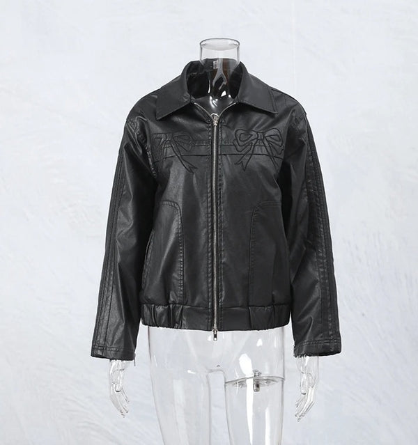 Women's Bow-Knot Zipper Leather Jacket