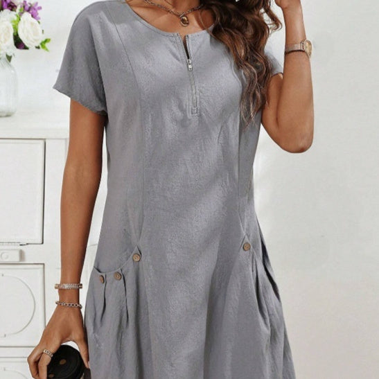 Short-sleeved Dress With Pockots And Zipper Women's Summer Clothing