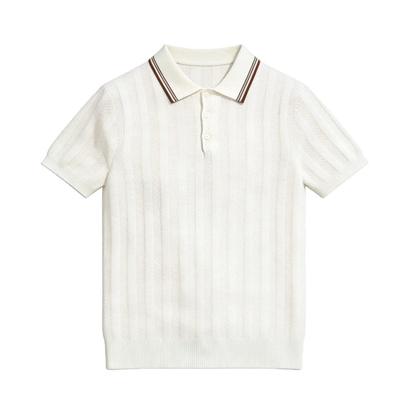 Men's Short-Sleeve Knitted T-Shirt With Lapel Collar Striped Old Money Style