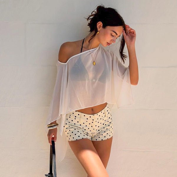 Mesh Off-shoulder Batwing-sleeve Shawl Top