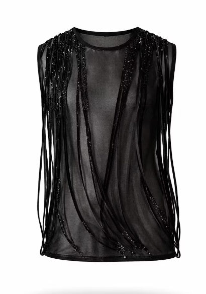 Sheer Mesh Fringe Detail Sleeveless Tank