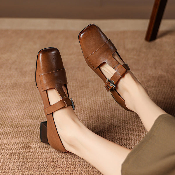 Women's Handmade Full-Grain Leather Mary Jane Shoes, Vintage Square Toe T-Strap Buckle Low Block Heel Pumps