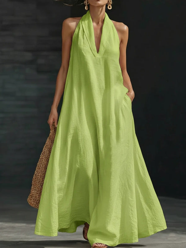 Casual V-neck Dress Halter Style Long Dress For Women's Casual Solid Color  A-line Dress For Daily Wear