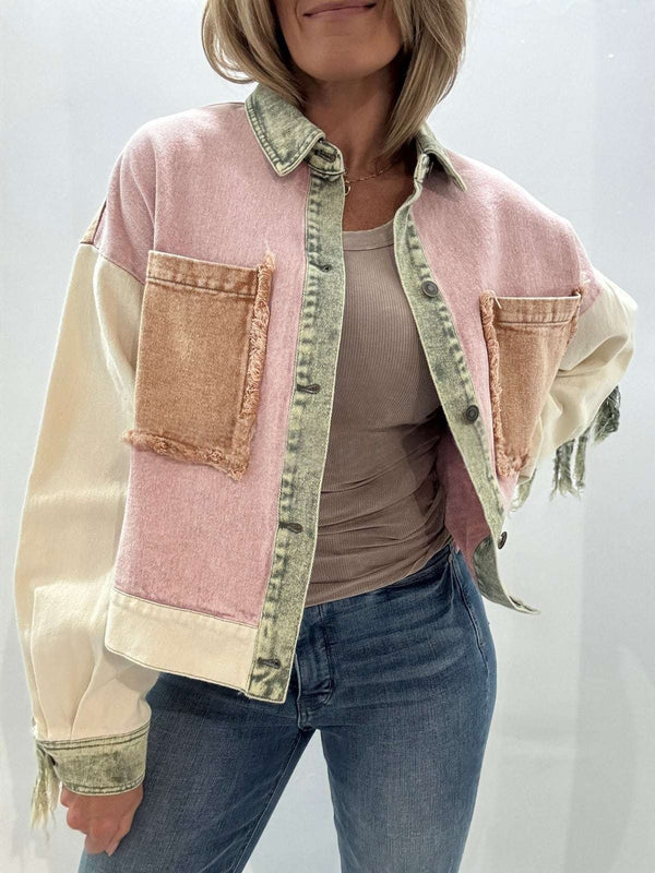Fashionable Fringed Raw-edge Design Washed Contrast-color Work Jacket