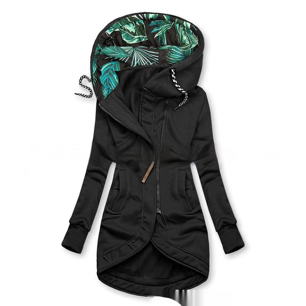 Womens Solid-Color Zip-Up Hoodie With Print And Long Sleeves
