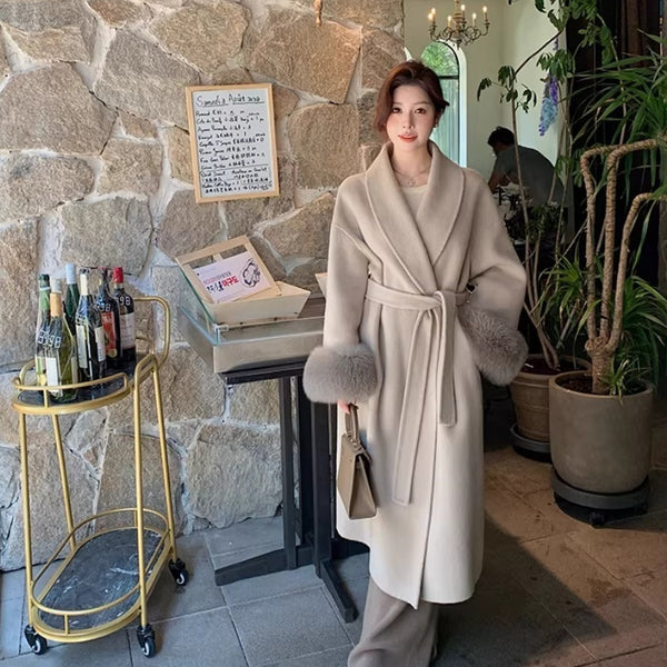 Fox-fur Classic Bestseller Long Double-faced Pure Wool Coat