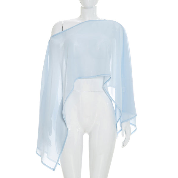 Mesh Off-shoulder Batwing-sleeve Shawl Top