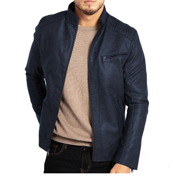 Men's Polyester Stand Collar Punk Motorcycle Leather Jacket