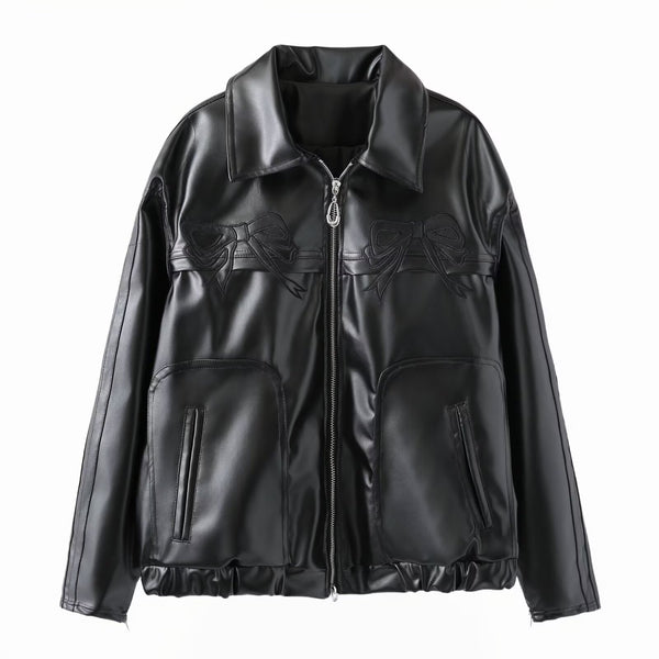 Women's Bow-Knot Zipper Leather Jacket