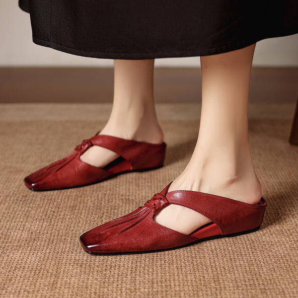 Women's Handmade Full-Grain Leather Mule Sandals, Vintage Square Toe T-Strap Slip-On Flat Shoes