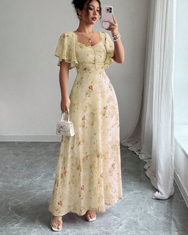 Flowers Printed Lotus Sleeve Dress Summer Elegant Slim Dresses Women's Clothing